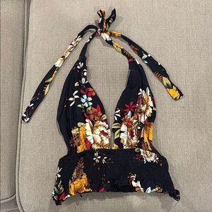 SHEIN Floral Halter Crop Top - Black and Yellow